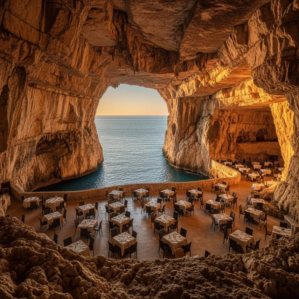 Grotta Palazzese once hosted 18th‑century banquets; today you dine inside a limestone cave roughly 30 meters across, reached by a narrow stair or by sea.