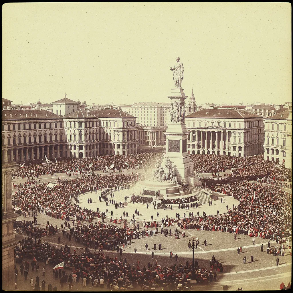 Piazza d’Italia took shape in 1872 as a precise 100‑metre‑a‑side square; the 1899 inauguration of the Vittorio Emanuele II monument here sparked the first Cavalcata Sarda.