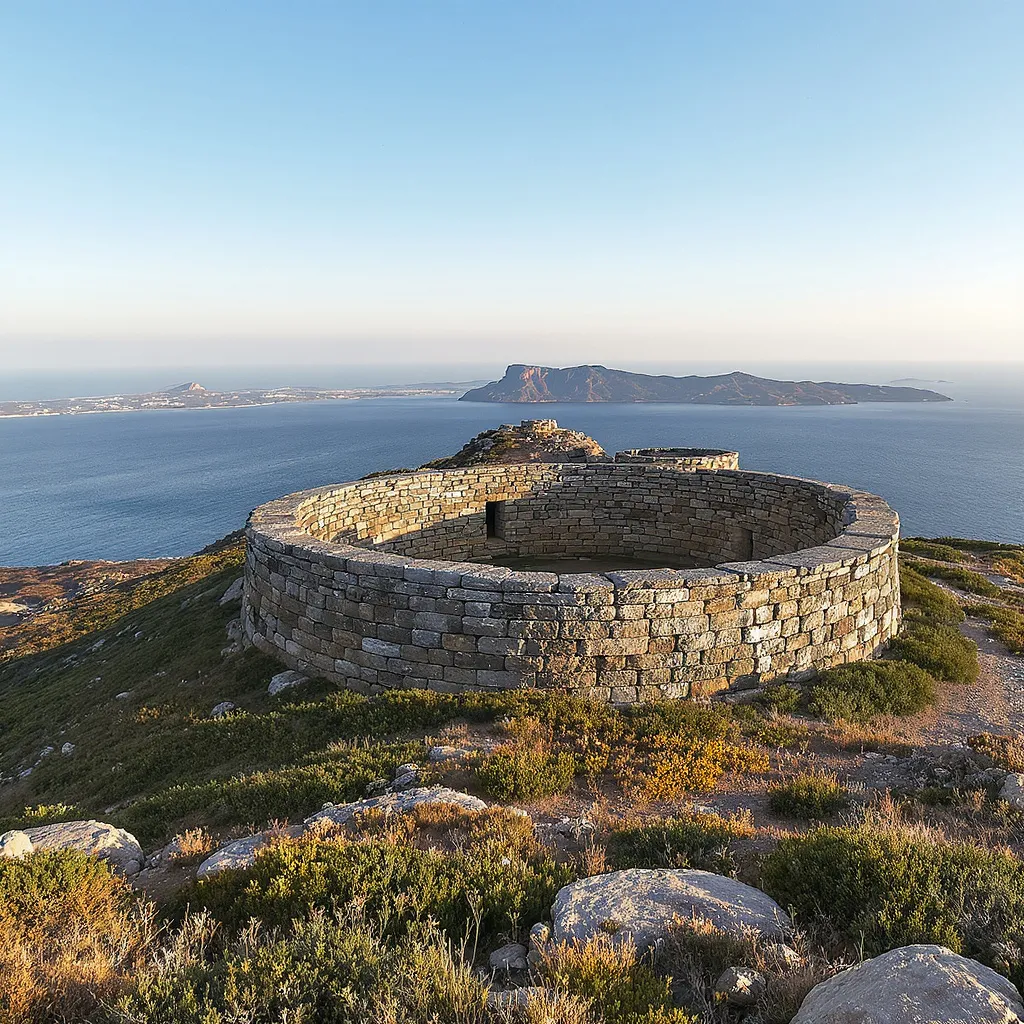 The Nuragic fortress of Riu Mulinu crowns Cabu Abbas at about 250 meters; its megalithic ring wall runs for roughly 220 meters to command views over the Gulf toward Tavolara.