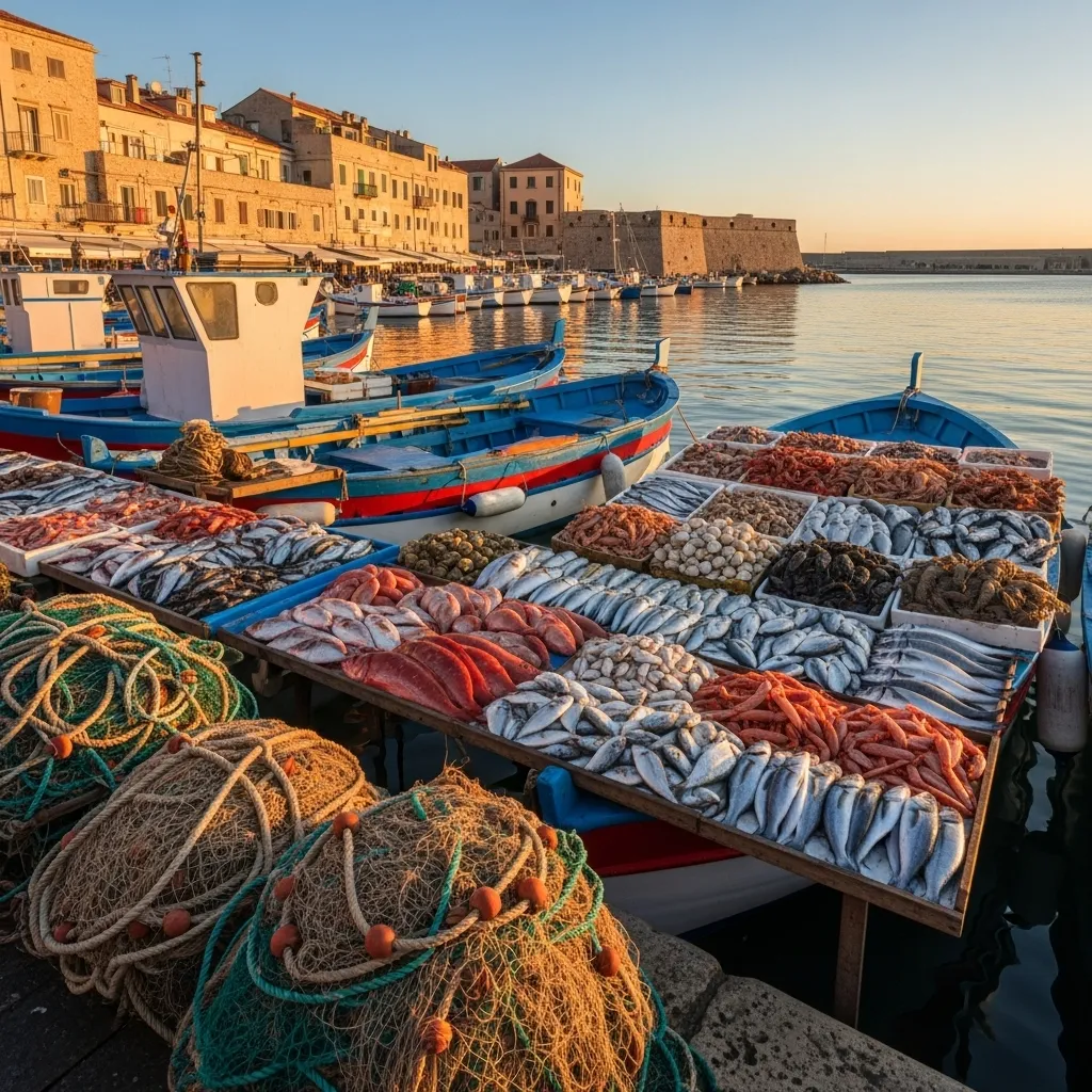 At the old port’s Molo San Nicola, the open‑air fish market known in dialect as “N’derr a la lanz” still sees fishermen sell the morning catch straight from small wooden boats.