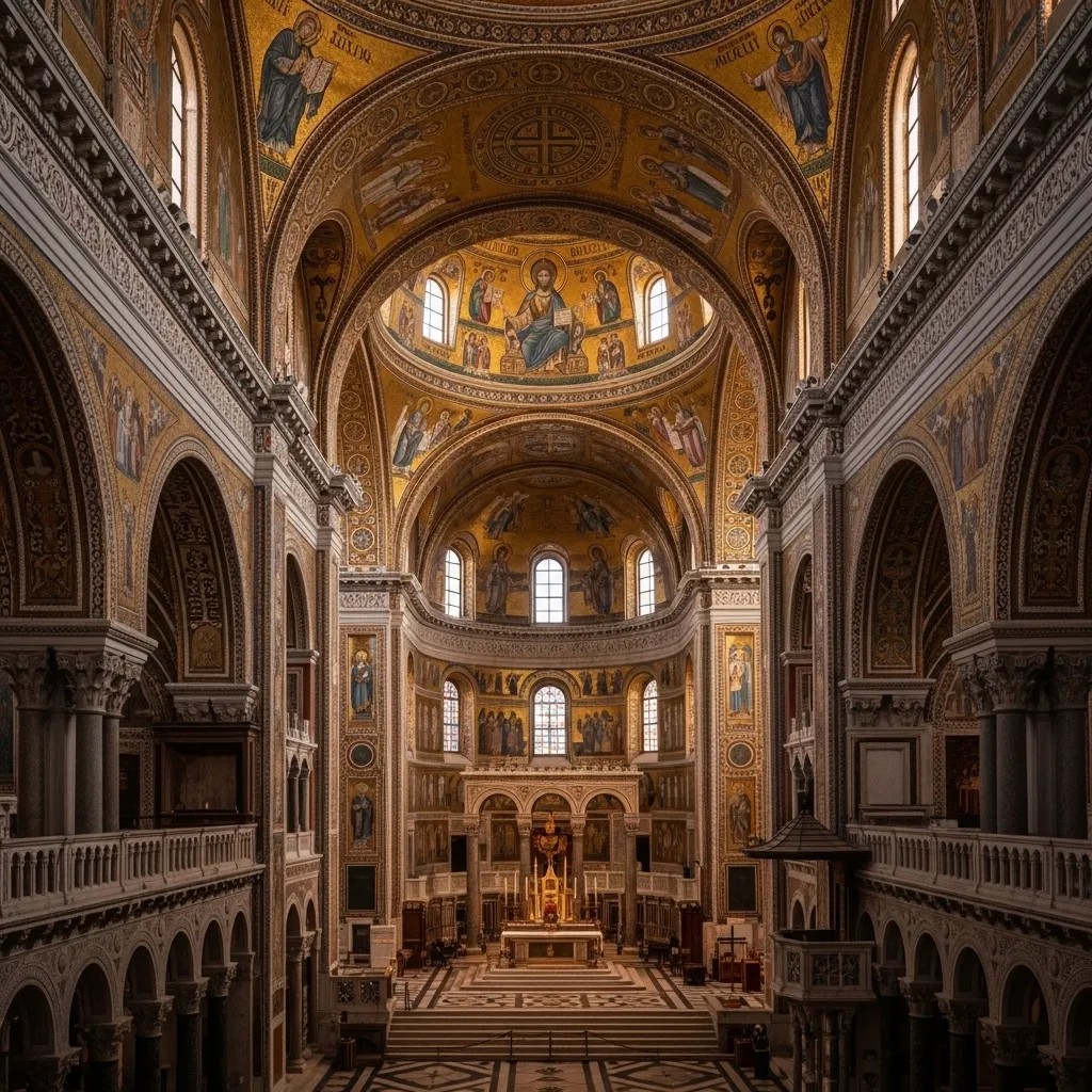 Just uphill in Monreale, 12th‑century mosaics cloak about 6,400 m² of the cathedral’s interior—the most extensive in Italy—with the vast Christ Pantocrator commanding the apse.