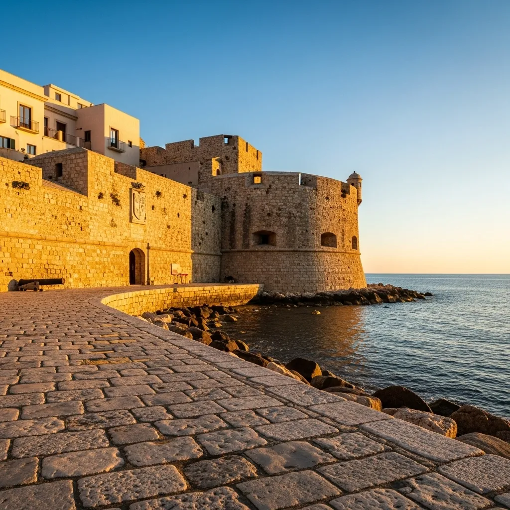 Alghero’s seafront walls remain largely intact, with eight 16th‑century city towers still standing; the bastions are dedicated to navigators including Colombo, Pigafetta, Magellan and Marco Polo.