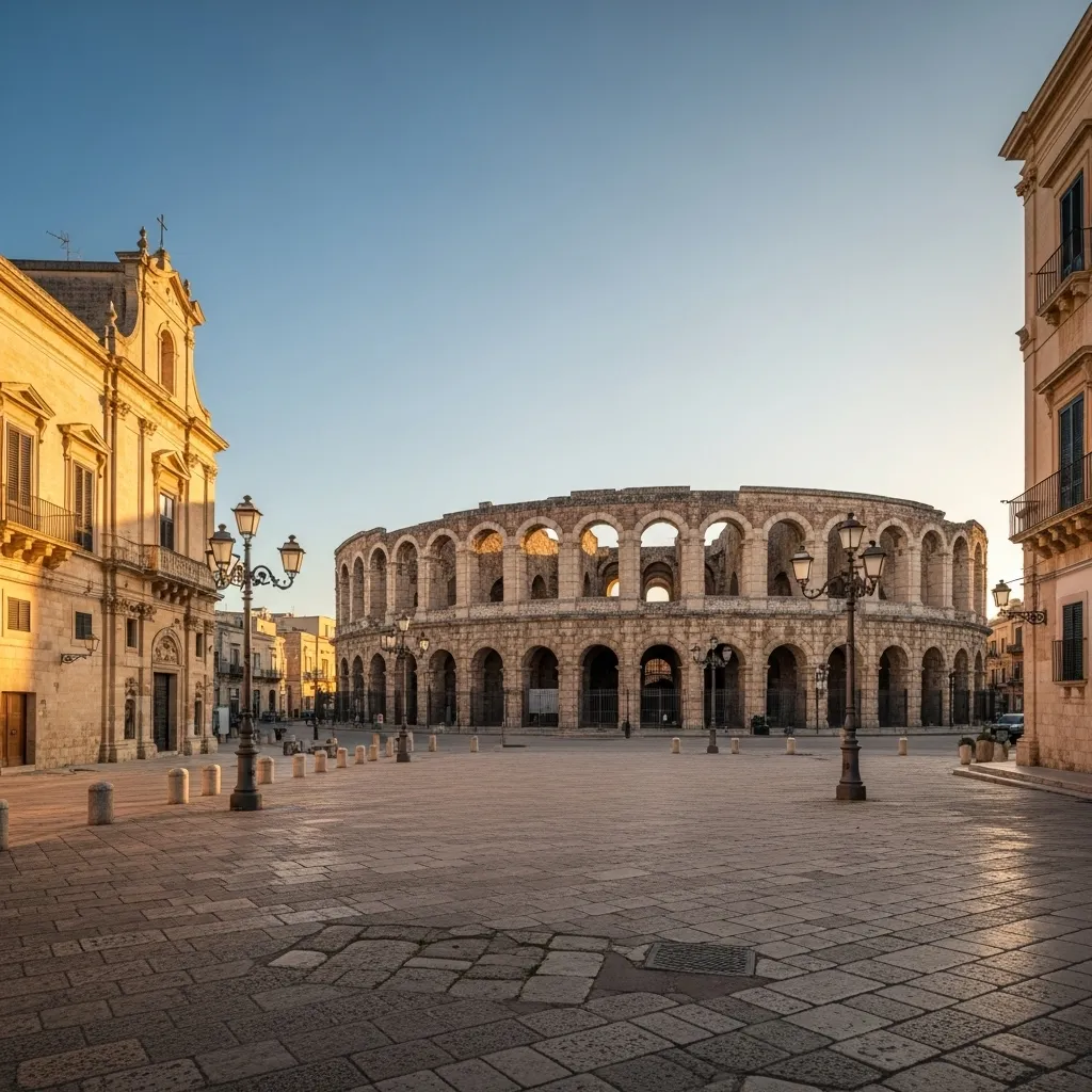 In Piazza Sant’Oronzo, only about one‑third of the Roman Amphitheatre is visible today; uncovered and excavated in the early 1900s (1900–1940), it could seat roughly 12,000–14,000 spectators.
