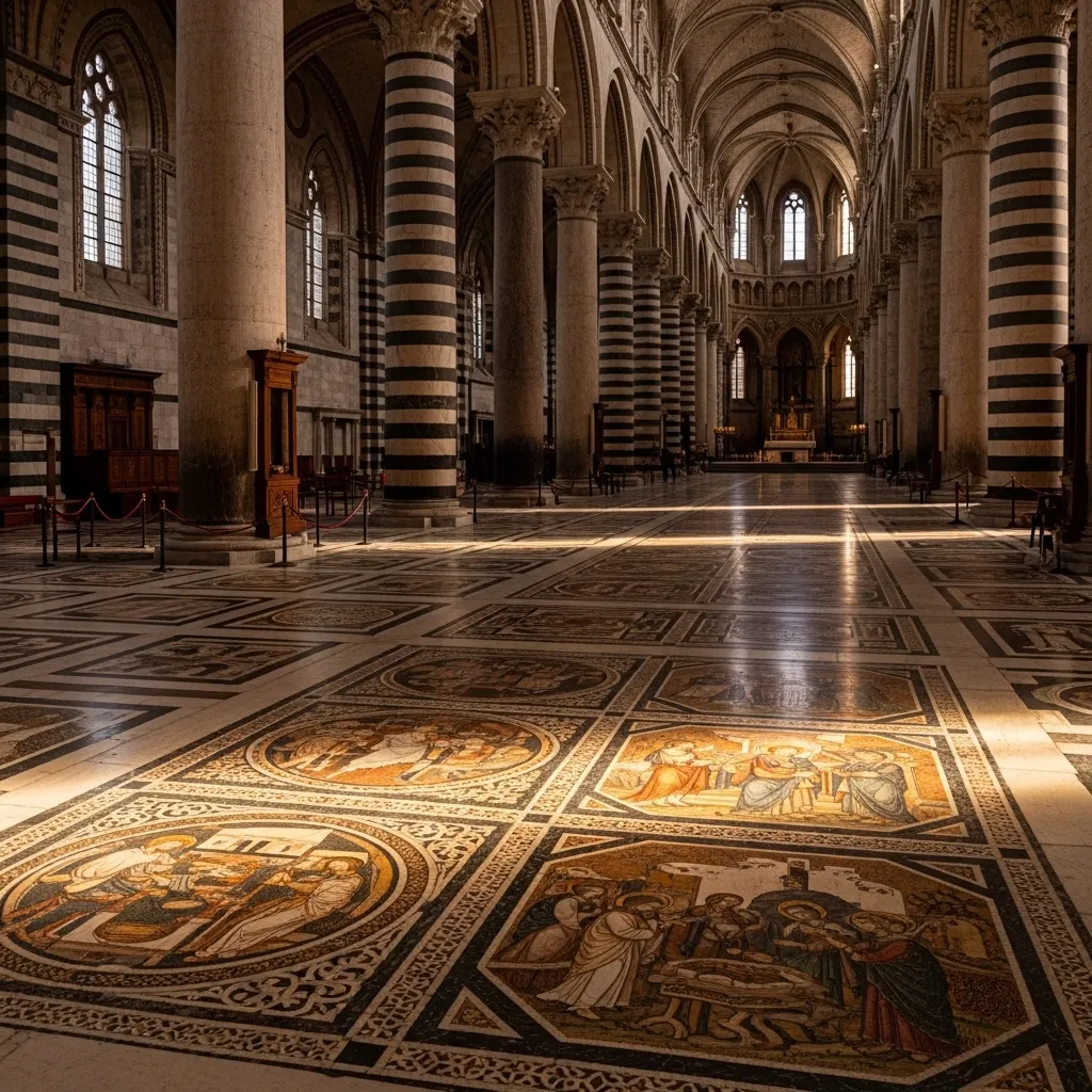 Siena Cathedral’s inlaid marble floor—56 narrative panels made between the 14th and 19th centuries—is usually kept covered for protection and unveiled to visitors only for a few weeks each year.