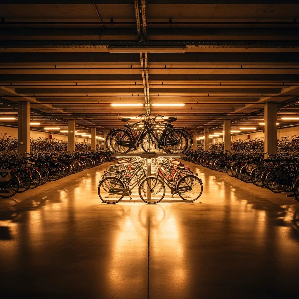 Under Stationsplein at Utrecht Centraal, the world’s largest bike garage holds 12,500 bicycles, is monitored and open 24/7, and the first 24 hours are free.