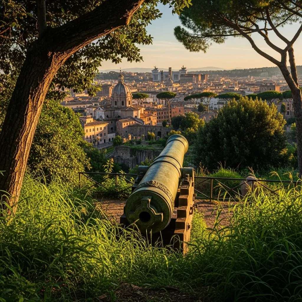 At exactly noon each day, the Janiculum Hill cannon fires a blank round—a time‑signal tradition introduced on December 1, 1847 and still observed.