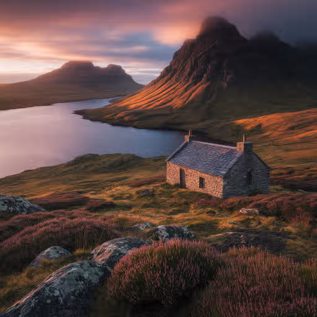 The image is well-composed, with a clear focal point on the cottage and surrounding landscape. The lighting is excellent, capturing the warm tones of sunrise or sunset. The image is sharp and detailed, with good color accuracy. It has a photo-realistic quality, and the key elements, such as the cottage and mountains, are in focus. There are no unwanted elements present.