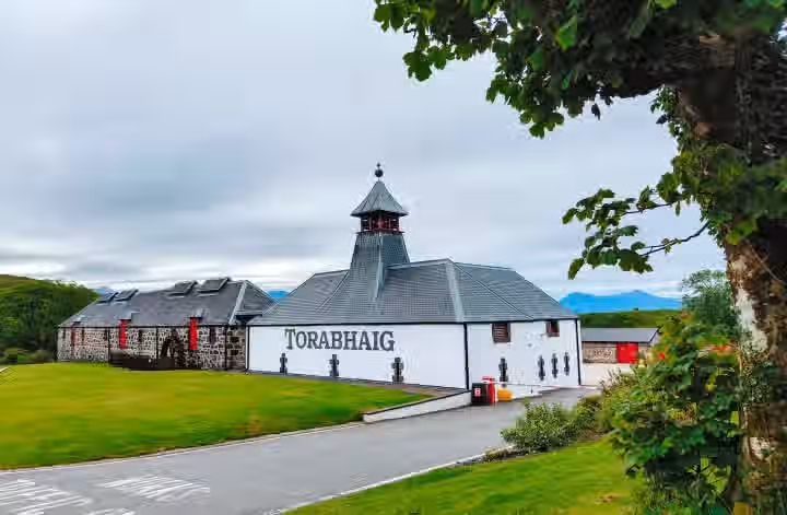 The image showcases the Torabhaig distillery. It is well-composed, with the building as the primary subject. The lighting is adequate, though slightly overcast. The sharpness is good, with sufficient detail visible. The colors appear accurate. The image is reasonably photo-realistic. The key elements, such as the building's facade and architectural details, are in focus. The composition is good, although the tree branches in the top right corner are slightly distracting. The overall quality is high. Given the criteria, the image scores well in composition, lighting, sharpness, color accuracy, and focus. The slight distraction from the tree branches and overcast lighting slightly reduces the score.