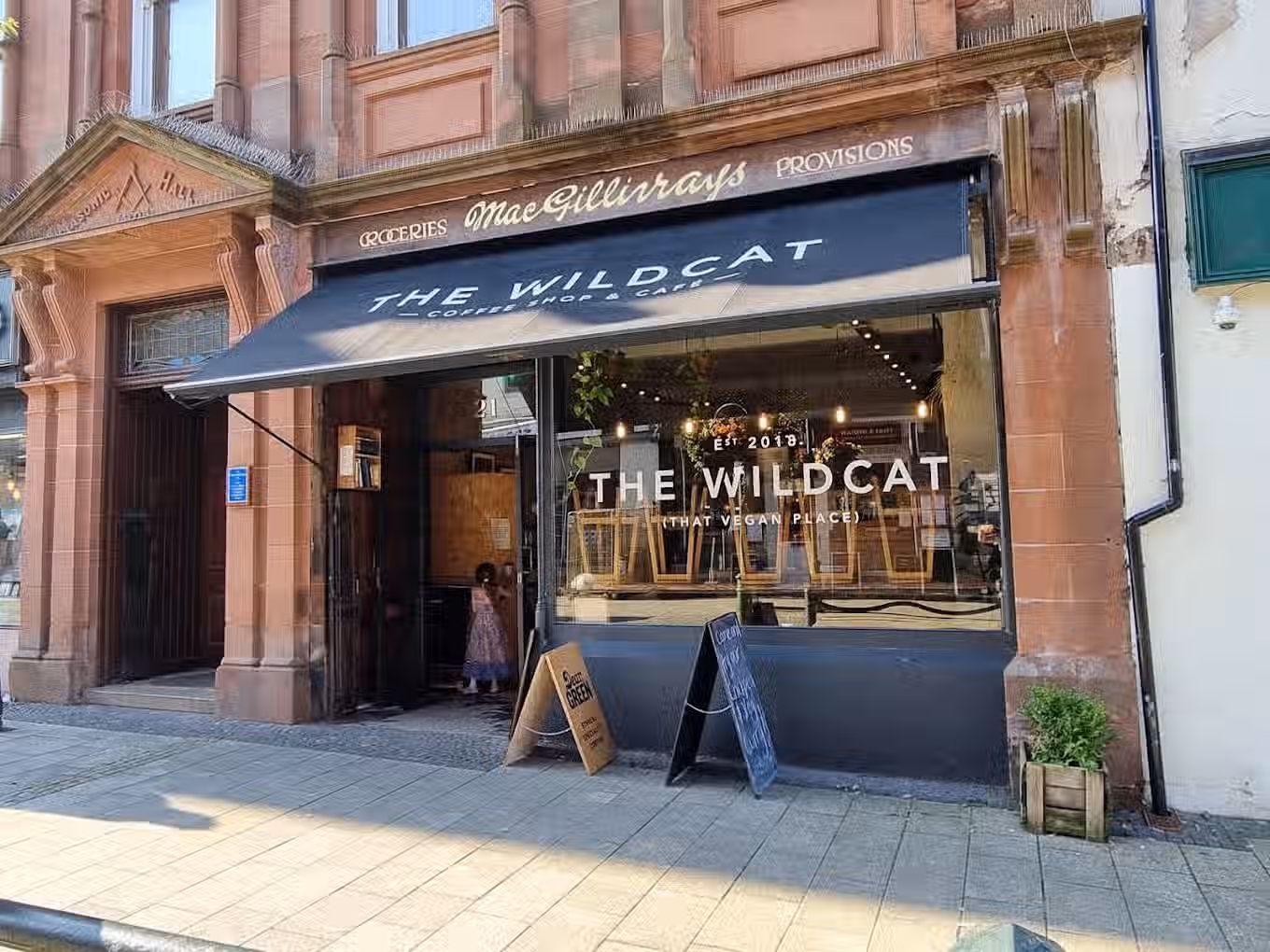 The image shows the exterior of a cafe called 'The Wildcat'. The composition is decent, capturing the storefront and some of the surrounding sidewalk. The lighting is acceptable, though slightly uneven, with some areas appearing brighter than others. The sharpness is adequate, but not exceptional. The colors appear accurate. It is reasonably photo-realistic. The key elements, such as the cafe's name and signage, are generally in focus. The presence of a child in the doorway is neither particularly positive nor negative. The image is not cluttered and does not contain any unwanted elements such as watermarks, logos, half-eaten food, or empty drinks.