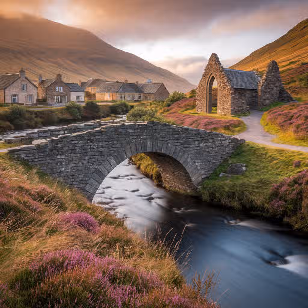 The image is well-composed with a clear focal point on the bridge and surrounding landscape. The lighting is soft and warm, contributing to a pleasant atmosphere. It is generally sharp, although some details could be crisper. The colors appear accurate and the scene is photo-realistic. Key elements like the bridge and the ruins are in focus. The image is free of unwanted elements. Strengths: Well-composed, good lighting, color accurate, photo-realistic. Weaknesses: Could be slightly sharper.