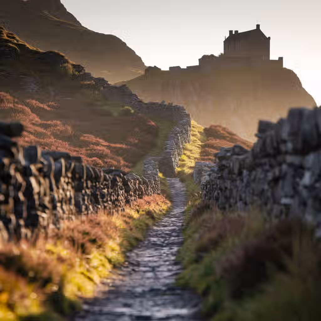 The image is well-composed, leading the eye along the pathway to the castle in the background. The lighting is warm and inviting, enhancing the scene. The image is generally sharp, although the depth of field is shallow, causing some blurring in the foreground. Colors appear accurate and realistic. The image is photo-realistic and the key elements, such as the pathway and the castle, are in focus. Overall, it's a high-quality landscape photograph.