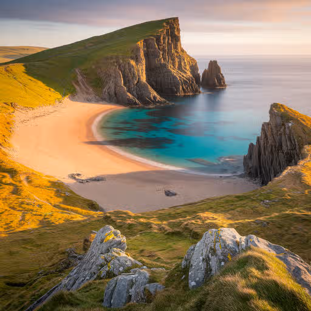 This image is a scenic landscape featuring a beautiful coastline with cliffs, a sandy beach, and clear turquoise water. The composition is well-balanced, showcasing the natural beauty of the location. The lighting is excellent, with warm sunlight highlighting the cliffs and creating a pleasant atmosphere. The image is sharp and detailed, with key elements in focus. The colors are accurate and vibrant, contributing to the overall photo-realistic quality of the image. Strengths: Well-composed, well-lit, sharp, color-accurate, and photo-realistic. Key elements are in focus, creating a visually appealing image. Weaknesses: None apparent.