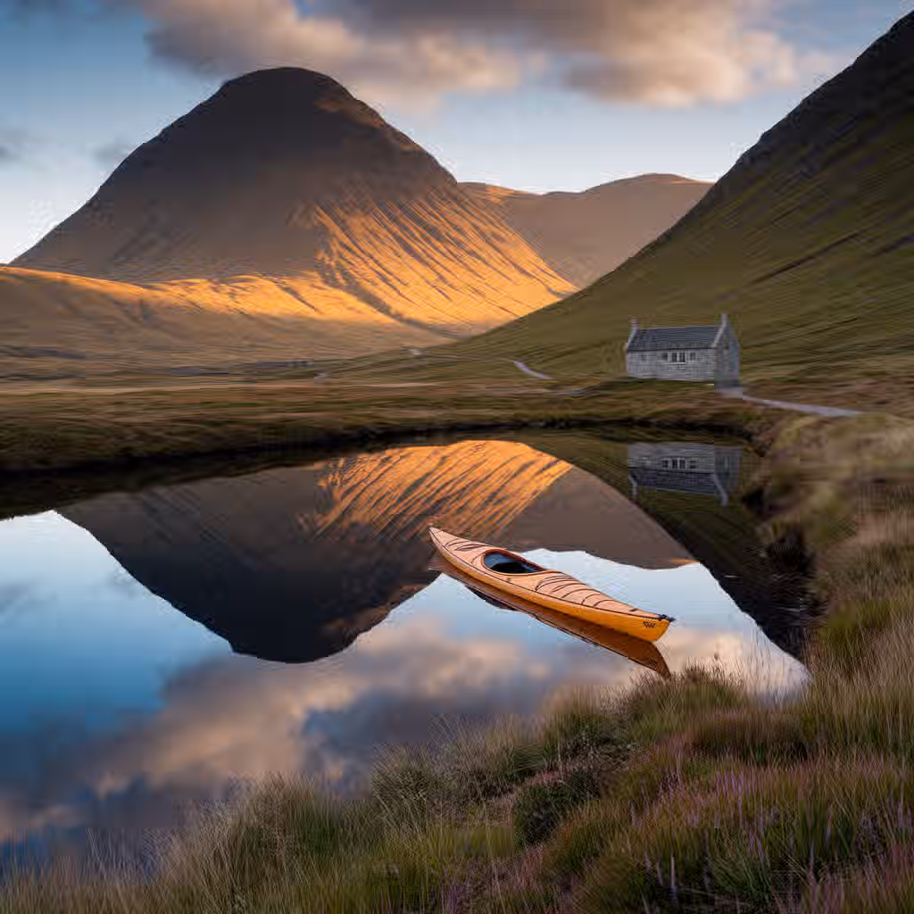 The image is well-composed, with the kayak and the mountain reflection creating a visually appealing focal point. The lighting is excellent, with the golden hour light casting a warm glow on the mountains. The image is sharp and detailed, and the colors are accurate and vibrant. The scene appears photo-realistic. The key elements, such as the kayak and the mountain reflection, are in focus. The overall image quality is high, with no unwanted elements present.