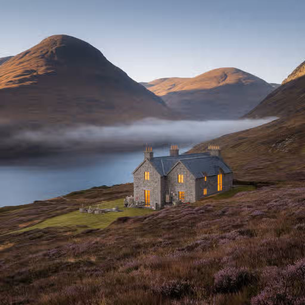 The image is well-composed, showcasing a house in a scenic landscape with mountains, a lake, and fog. The lighting is good, with a warm glow emanating from the house's windows. The image is sharp and appears to be color-accurate. It has a photo-realistic quality, and the key elements, such as the house and the surrounding landscape, are in focus. The image doesn't contain any unwanted elements. The composition is very strong, drawing the eye to the house and the surrounding landscape. The image is well-lit, with a natural-looking light source. The sharpness is excellent, and the colors are accurate. The photo-realistic quality is also very high. The key elements are all in focus, and the image is well-composed.
