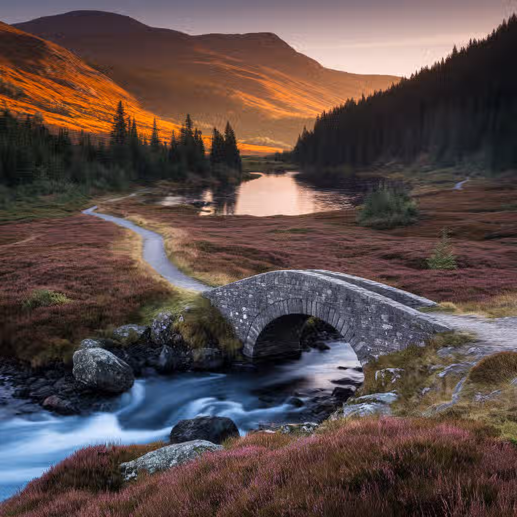 The image is well-composed, showcasing a stone bridge over a river with mountains in the background. The lighting is good, with a warm glow on the mountains. The sharpness is acceptable, and the key elements, such as the bridge and river, are in focus. The colors appear accurate. It has a photo-realistic quality. The composition is aesthetically pleasing, leading the eye through the scene.