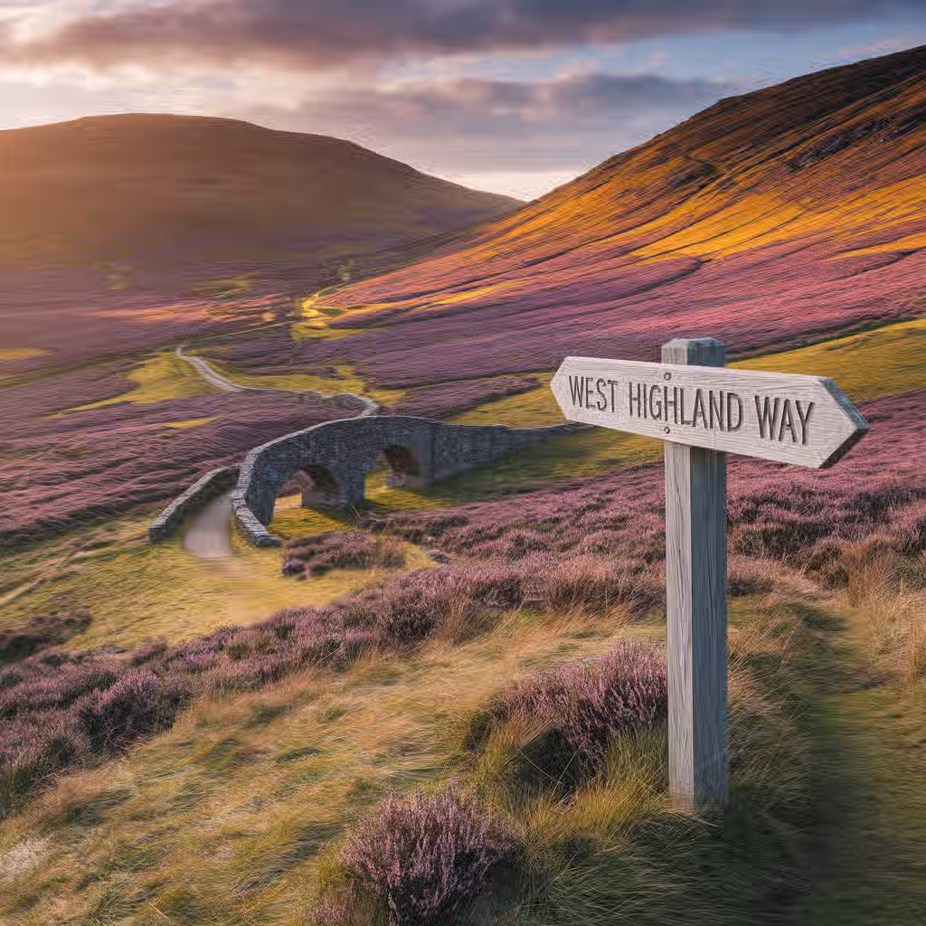 This image showcases a beautiful landscape with mountains and heather. The composition is well-balanced, drawing the eye along the path and towards the background. The lighting is excellent, with a warm glow enhancing the scene. The image is sharp and detailed, with accurate colors that capture the natural beauty of the environment. The signpost is a key element and is in focus. The image is highly photo-realistic. Overall, the image meets the criteria well, with minor deductions for sharpness in the distant background.