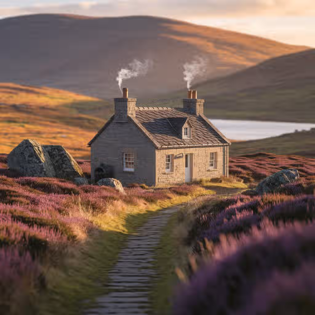 The image showcases a well-composed and aesthetically pleasing view of a cottage in a rural landscape. The lighting is soft and warm, contributing to a photo-realistic feel. The cottage is sharply in focus, drawing the viewer's eye. The colors are accurate and vibrant, particularly the purple heather. The presence of smoke from the chimneys adds a touch of charm. Overall, the image excels in composition, lighting, sharpness, color accuracy, and photo-realism. The key elements are well in focus. There are no unwanted elements present.