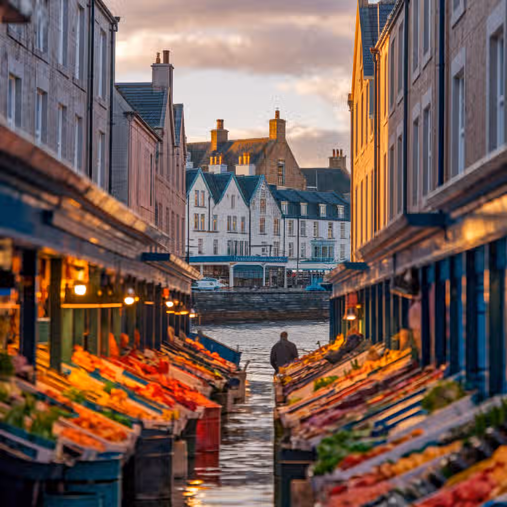 The image is well-composed, utilizing leading lines to draw the viewer's eye towards the buildings in the background. The lighting is warm and inviting, likely taken during sunset or golden hour. The image is reasonably sharp, with the produce in the foreground being mostly in focus. The colors appear accurate and vibrant. The photo has a realistic feel. The key elements, such as the produce and the buildings, are in focus. Strengths: Well-composed, well-lit, and color-accurate. Weaknesses: Could be sharper overall.