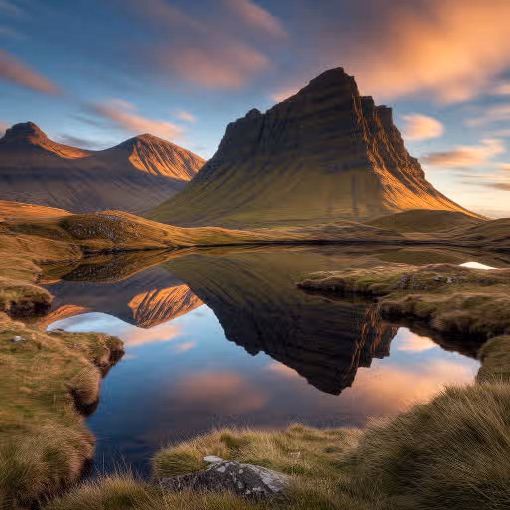 This image showcases a stunning landscape with a mountain reflected in a lake. The composition is well-balanced, with the mountain and its reflection creating a symmetrical effect. The lighting is excellent, capturing the warm hues of the sunset. The image is sharp and detailed, and the colors are accurate and vibrant. The photo-realism is high, making the scene appear natural and lifelike. The key elements, such as the mountain and its reflection, are in focus. Overall, the image is of high quality and visually appealing.
