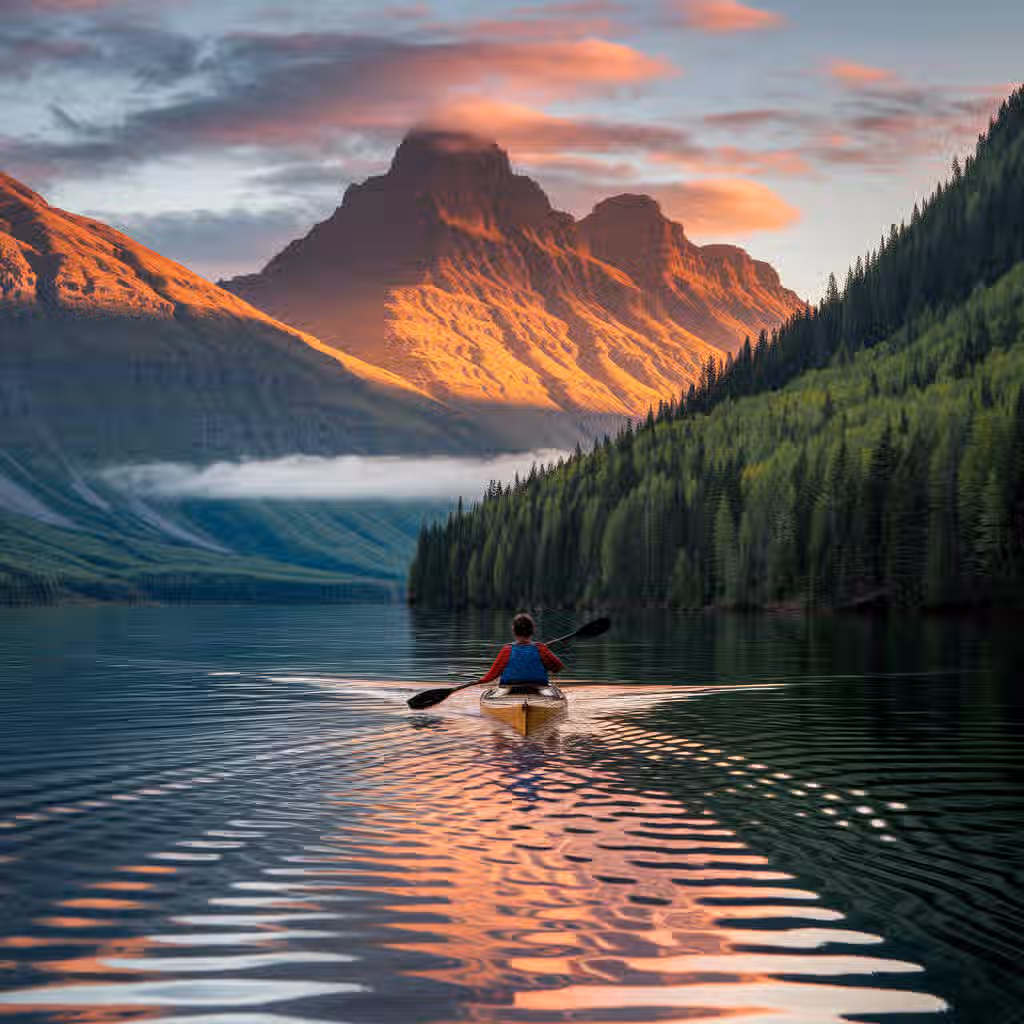 This image is well-composed, with the kayaker in the foreground and the mountains in the background. The lighting is excellent, with the sunset casting a warm glow on the mountains and water. The image is sharp and color-accurate, and it has a photo-realistic quality. The key elements, such as the kayaker and the mountains, are in focus. The image is free of unwanted elements.