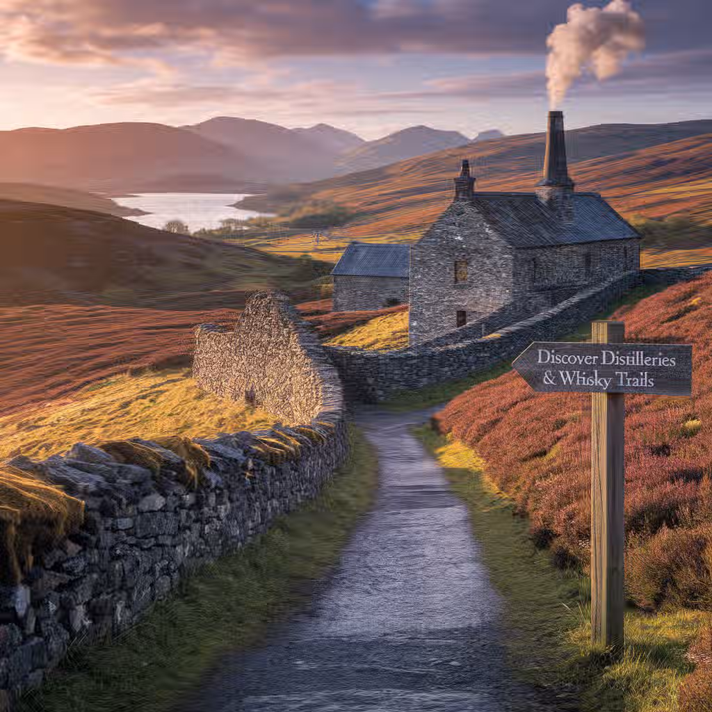 The image is well-composed, leading the eye along the path towards the distillery. The lighting is excellent, with warm tones that enhance the scene. Sharpness is good, with details visible in the stone building and surrounding landscape. Colors appear accurate and pleasing. The image is photo-realistic and the key elements, such as the distillery and sign, are in focus. There are no unwanted elements. The image is an advertisement for a whisky trail, which is allowed. Composition (25): Excellent use of leading lines and framing. Lighting (15): Very good use of natural light, enhancing the colors and mood. Sharpness (20): Good overall sharpness, with sufficient detail. Color Accuracy (10): Colors appear natural and accurate. Photo-realistic (20): The image has a realistic look and feel. Key elements in focus (10): The key elements are sharp and clear.
