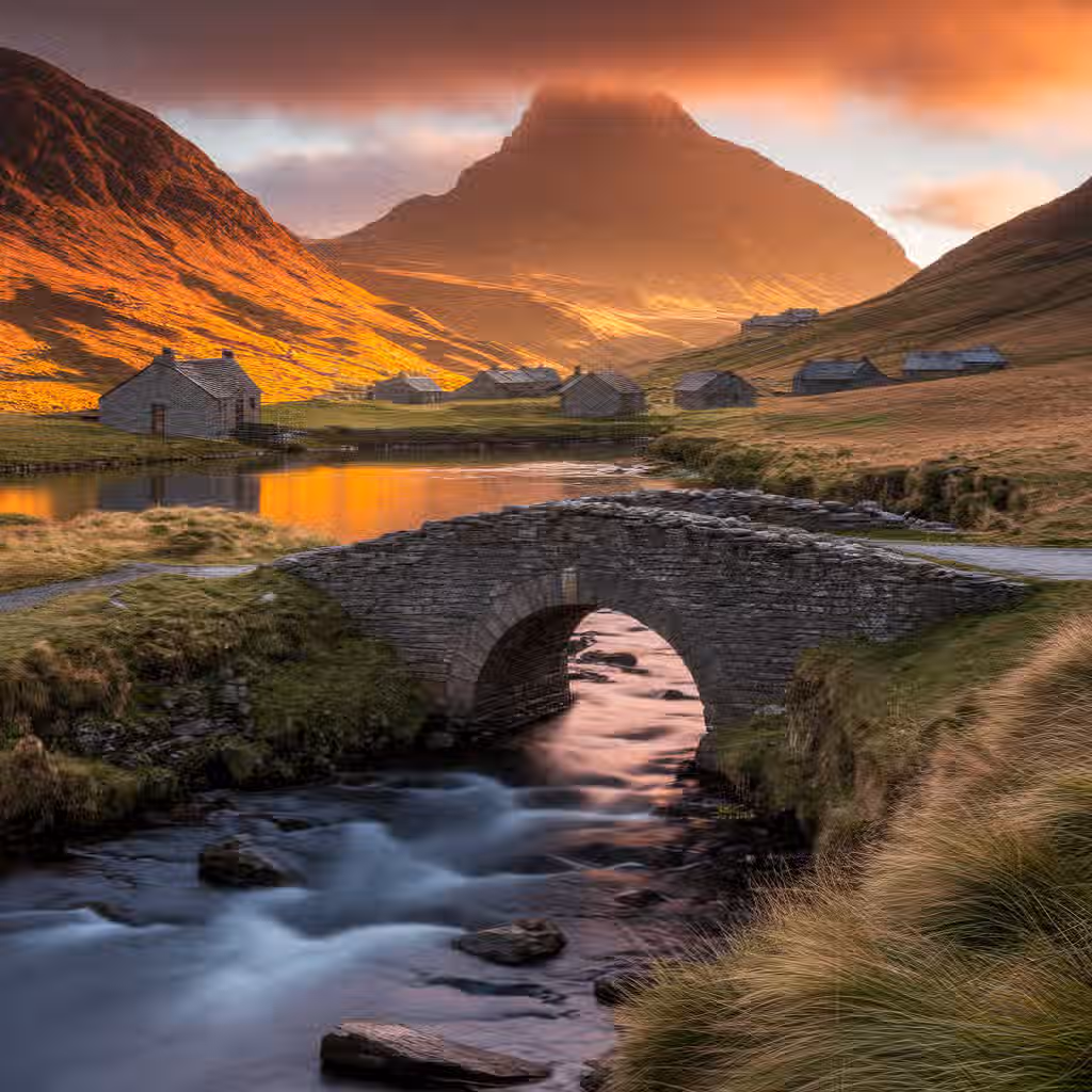 The image is well-composed with the stone bridge as a prominent foreground element, leading the eye towards the mountains in the background. The lighting is excellent, creating a warm and inviting atmosphere. The image is sharp, and the key elements, such as the bridge and the flowing water, are in focus. The colors are accurate, and the scene appears photo-realistic. Overall, the image is of high quality. The long exposure on the water gives a very pleasing effect.