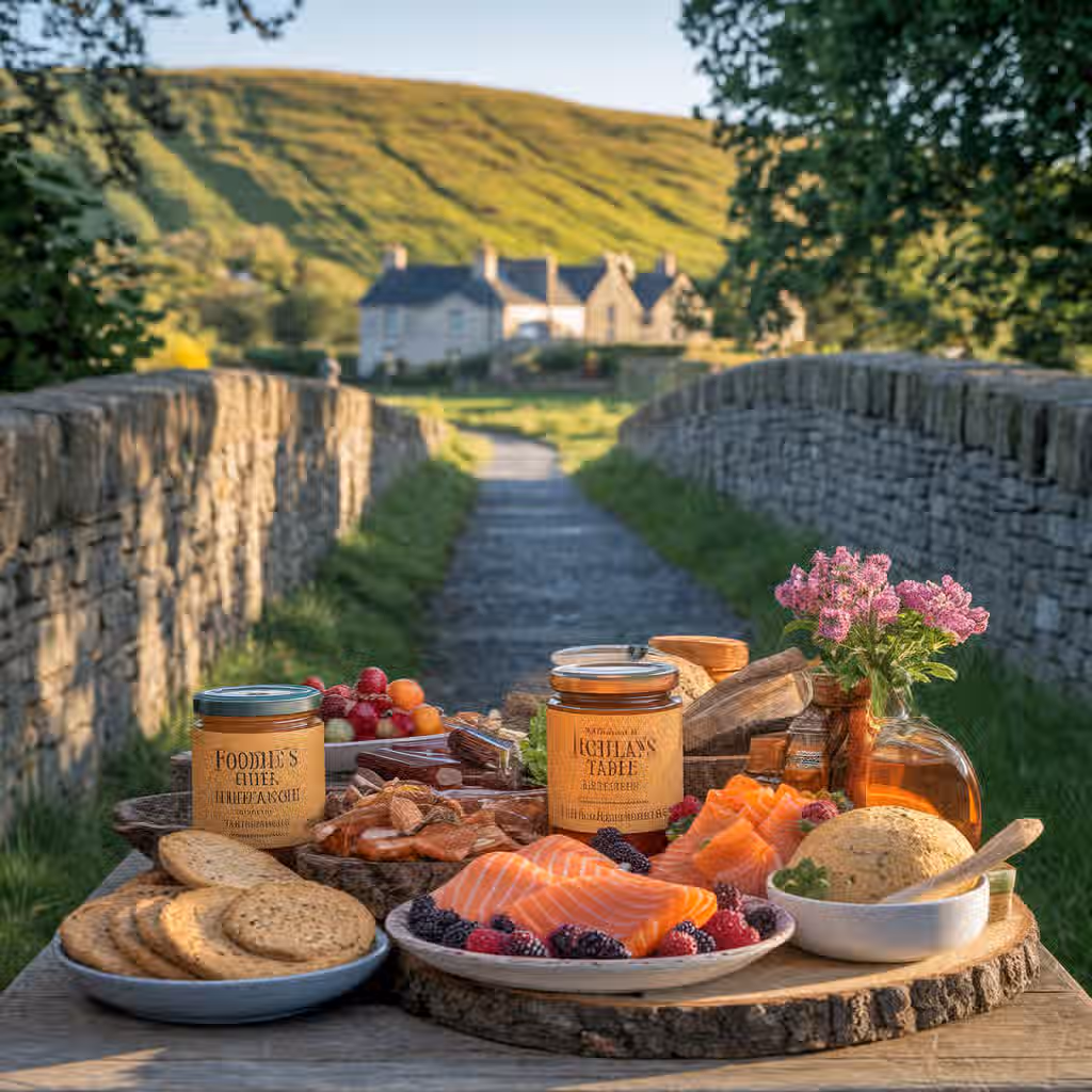 The image is well-composed and features a food spread with salmon, crackers, jams, and berries set against a scenic countryside backdrop. The lighting is generally good, with natural light enhancing the colors of the food and the landscape. The image is sharp, and the key elements, such as the food items, are in focus. The colors appear accurate, and the overall aesthetic is photo-realistic. The composition is well-balanced, and the food is presented in an appealing manner. The image does not contain any unwanted elements such as watermarks, half-eaten food, or cluttered environments. The image is well-lit, sharp, and color-accurate. The food is in focus, and the composition is pleasing.