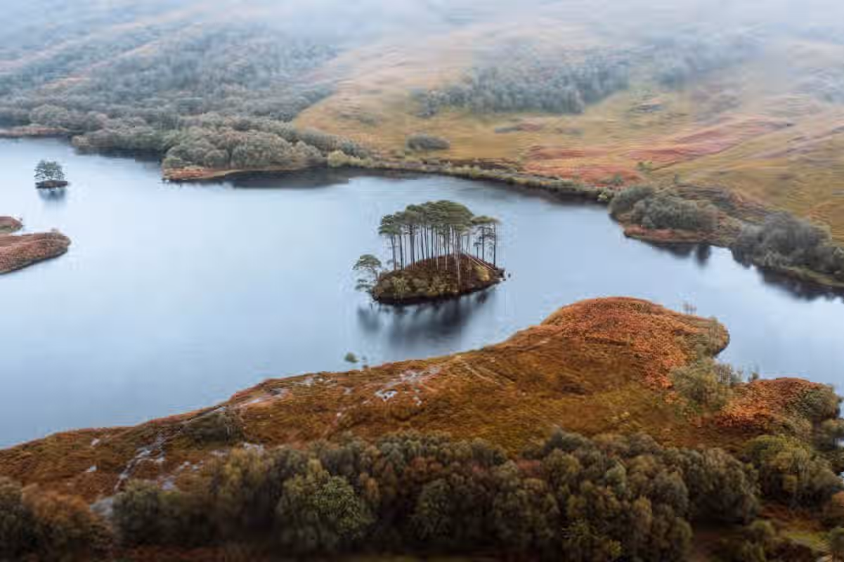 The image is well-composed, showcasing a scenic landscape with a lake and an island covered with trees. The lighting is soft and even, contributing to a photo-realistic feel. The colors appear accurate, reflecting the autumn season. The key elements, such as the island and trees, are in focus, although the overall sharpness could be slightly improved. The image does not contain any unwanted elements. The photo-realistic quality is high. The composition is well-balanced, drawing the viewer's eye to the island in the center of the lake.