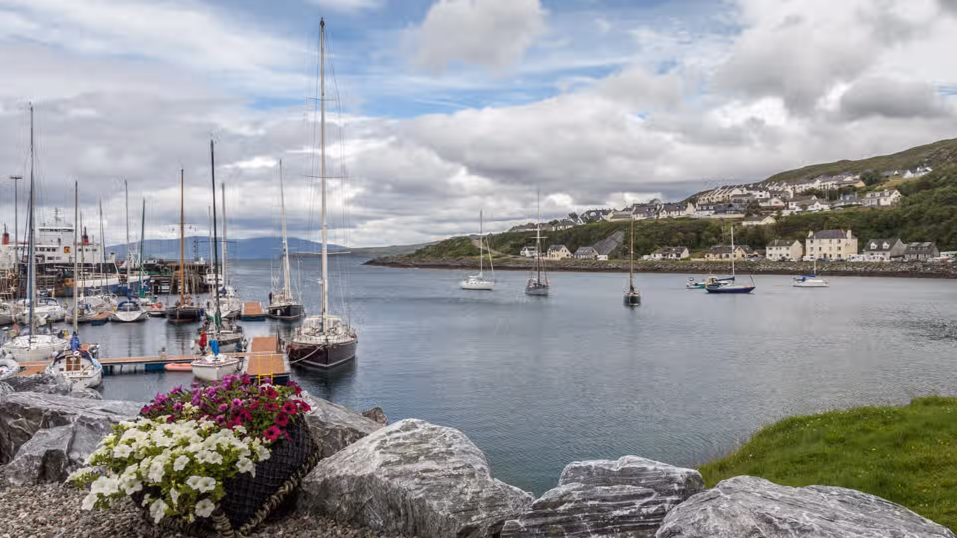 The image depicts a harbor scene with boats, water, and a distant town. The composition is decent, with the boats and water filling the frame. The lighting appears to be somewhat flat due to the cloudy sky, but it's generally well-lit. Sharpness is acceptable, although it could be improved. The colors seem accurate. The image appears photo-realistic. Key elements like the boats and the town in the background are reasonably in focus. The presence of flowers in the foreground adds a nice touch. Overall, the image is well-composed and visually appealing, but could benefit from improved sharpness and more dynamic lighting.