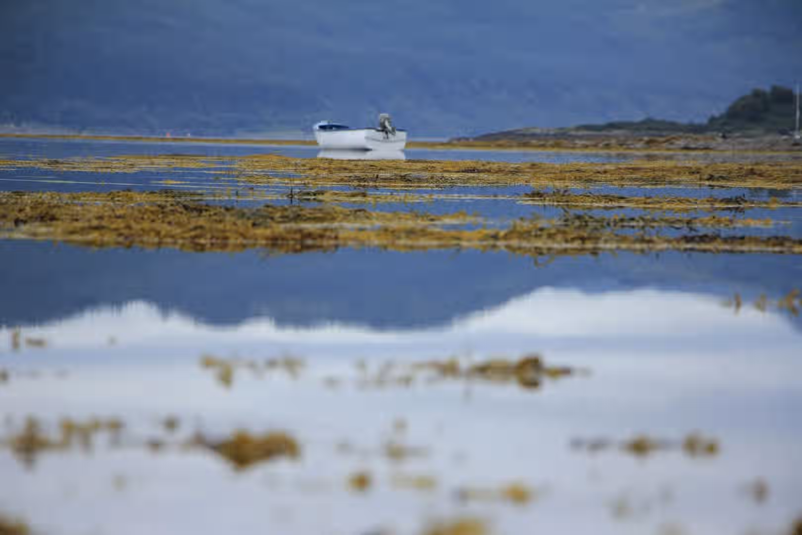 The image depicts a boat on the water with a mountain landscape in the background. The composition is well-balanced, and the reflection adds visual interest. The lighting is soft and even, contributing to a calm atmosphere. The sharpness is acceptable, but could be improved, especially in the foreground. The colors appear accurate. The key elements, the boat and the reflection of the mountain, are generally in focus. Considering the criteria, the image scores well in composition, lighting, and color accuracy, but could be sharper. Photo-realism is good, but not exceptional.