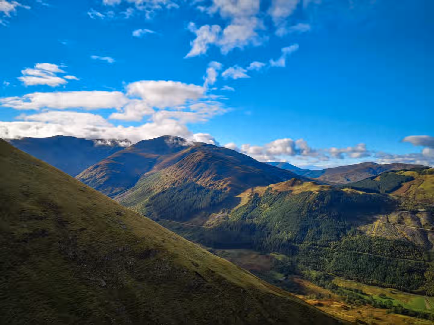 The image is well-composed and captures a scenic mountain landscape. The lighting is good, with a clear blue sky and fluffy clouds. The sharpness is acceptable, and the colors appear accurate. It has a photo-realistic quality. The key elements, such as the mountains and trees, are in focus. The composition is pleasing, and the image is visually appealing. The image is free from unwanted elements.