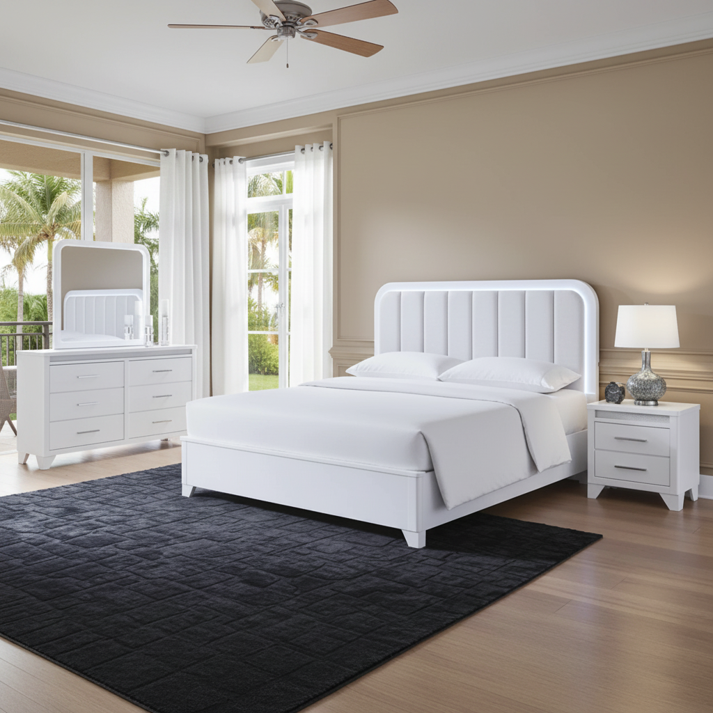 Juego de Dormitorio Jarlee Modern Blanco con LED en Orlando | Ocean Furniture
