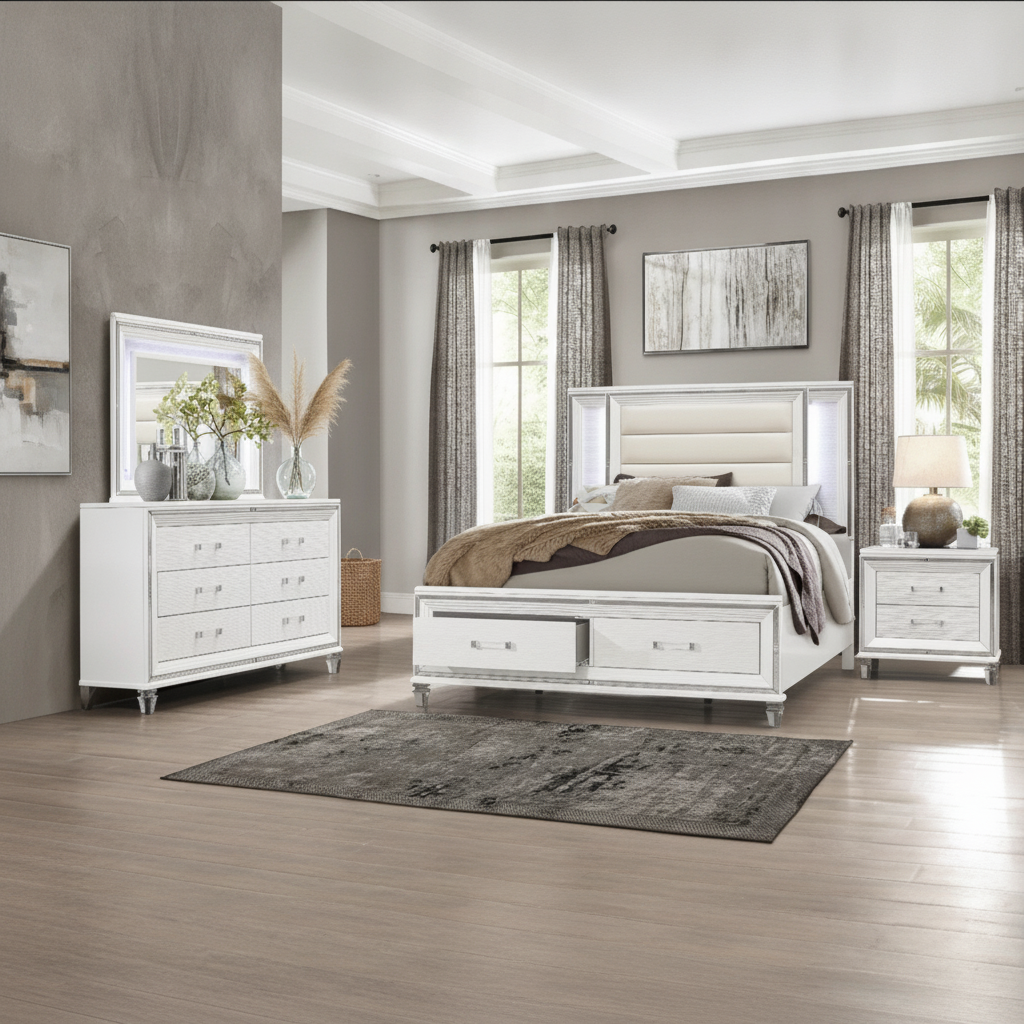 Juego de Dormitorio Jhestorm Tamsin Blanco LED: Lujo y Resistencia para su Hogar en Fort Myers, Florida