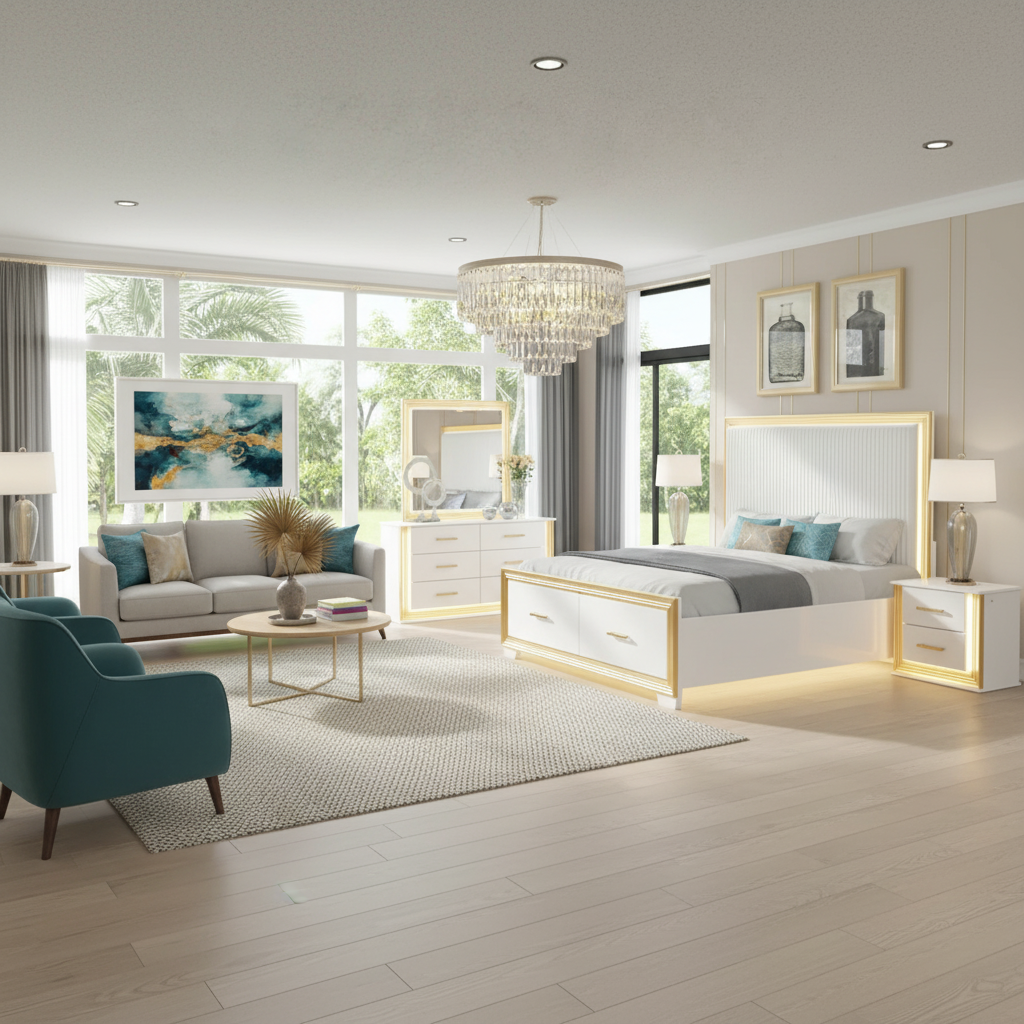 Obsession Luxury LED Bedroom Set Tampa | Gold & White Elegance at Ocean Furniture