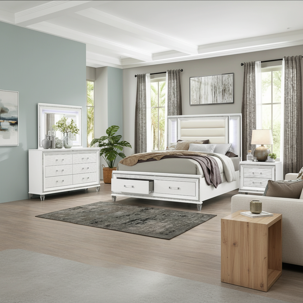 Jhestorm Tamsin White LED Bedroom Set | Tampa Luxury Furniture