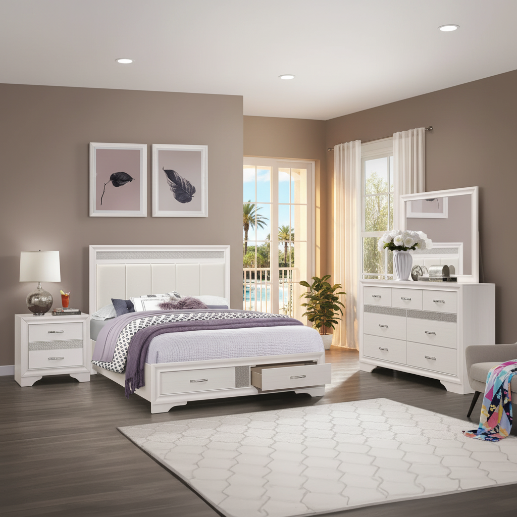 Juego de Dormitorio Luster White: Glamour Moderno en Orlando/Kissimmee | Ocean Furniture