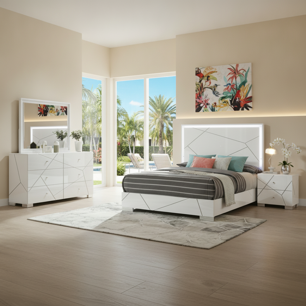 Juego de Dormitorio Ayla Blanco Moderno con LED: Tu Oasis Costero en Orlando/Kissimmee