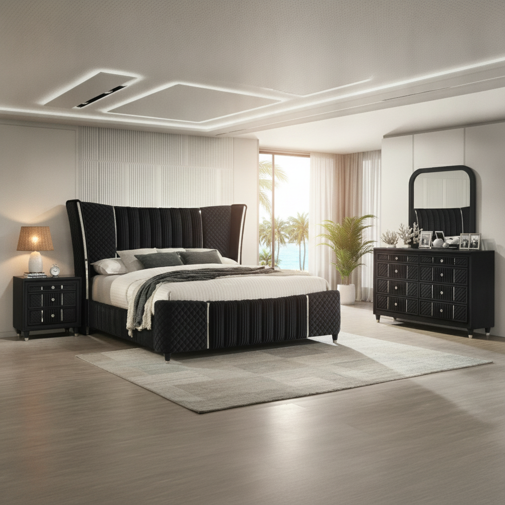Armany Black Velvet Bedroom Set: Modern Luxury for Your Fort Myers Home | Ocean Furniture