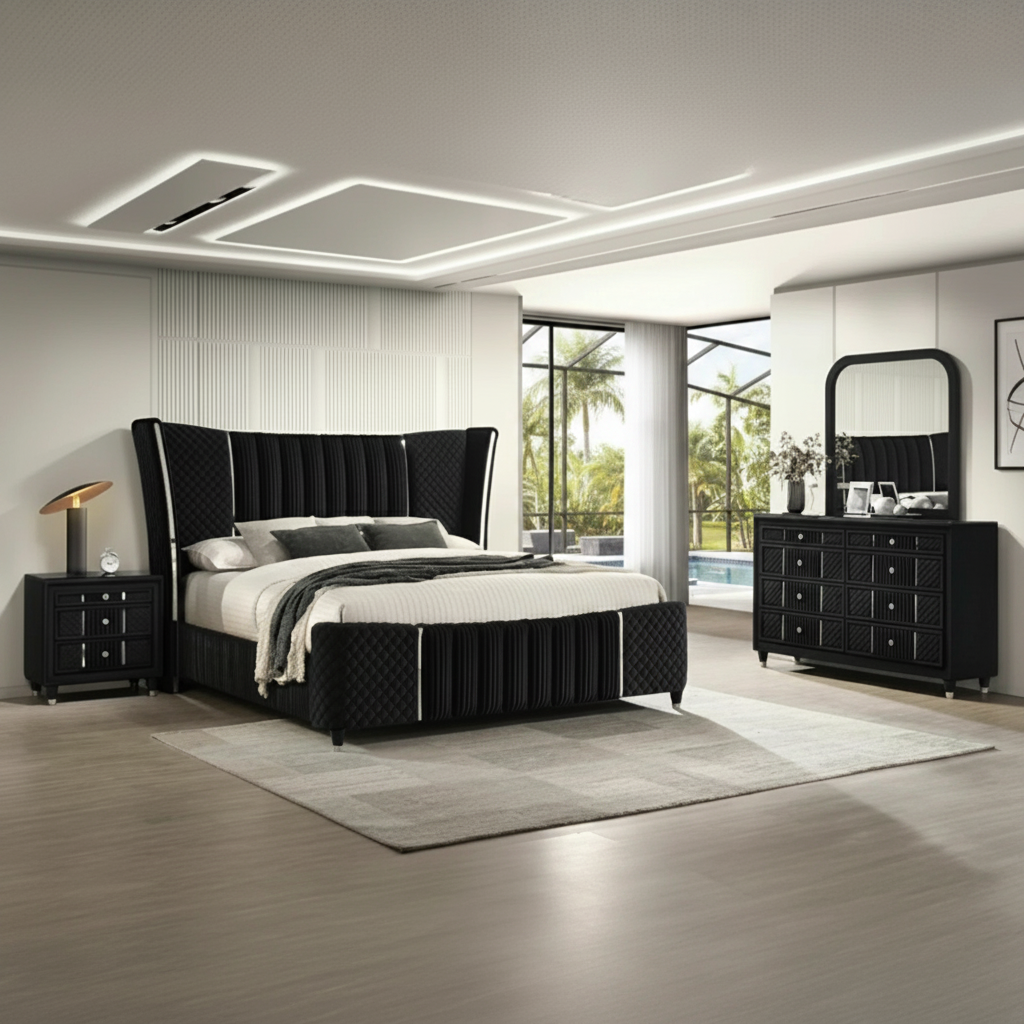 Armany Black Velvet Bedroom Set: Orlando's Answer to Modern Coastal Glamour | Ocean Furniture