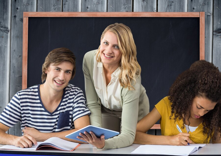 Students participating in a French group class