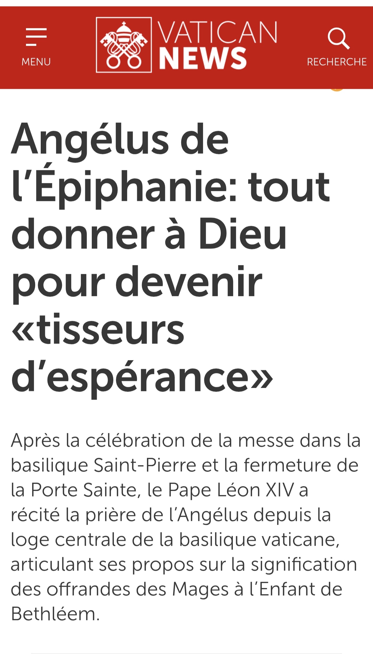 Angelus de l'Epiphanie, Pape LeonXIV