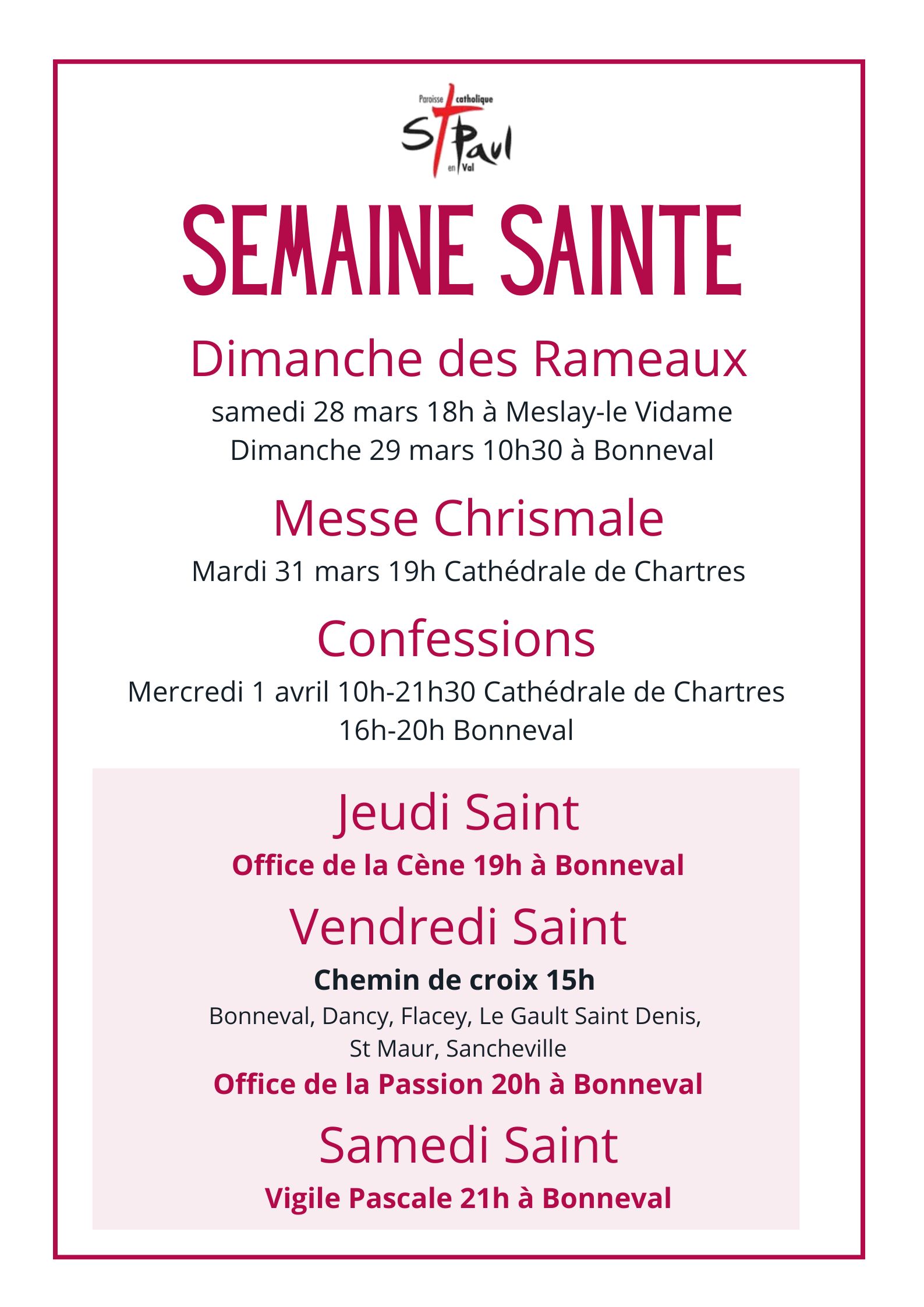 Horraires de la semaine sainte