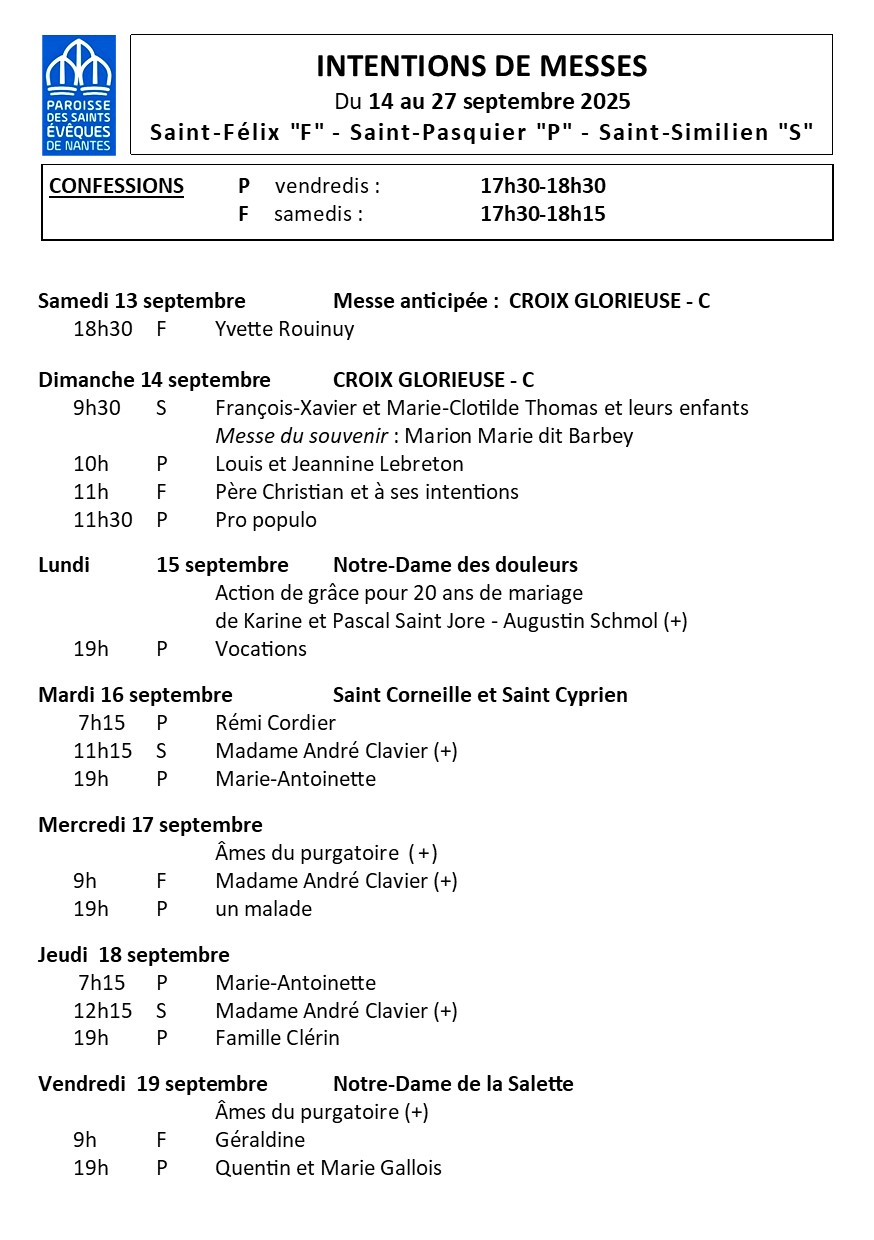 INTENTIONS DE MESSE DE LA QUINZAINE