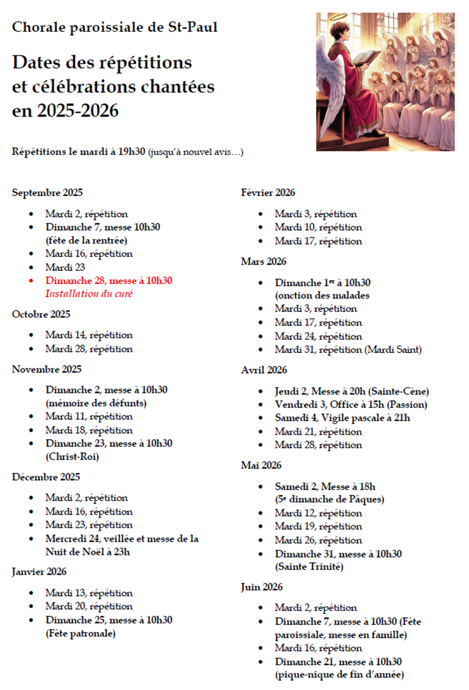 Le programme de la chorale paroissiale pour l'année 2025-2026