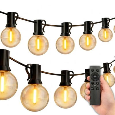 Ghirlanda luminoasa de exterior, 15m cu 15 becuri LED, cu telecomanda si variator de intensitate, interconectabila, alimentare 230V, soclu E12, lumina calda, cablu Negru