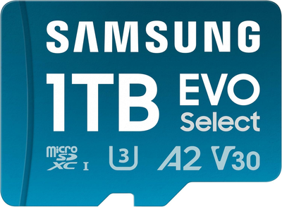 Samsung Evo Select (2024) microSD Card + SD Adapter, 1 TB, UHS-I U3, 4K UHD, Full HD, 160 MB/s Reading, Memory Card for Smartphones, Tablets and Laptops, MB-ME1T0SA/EU
