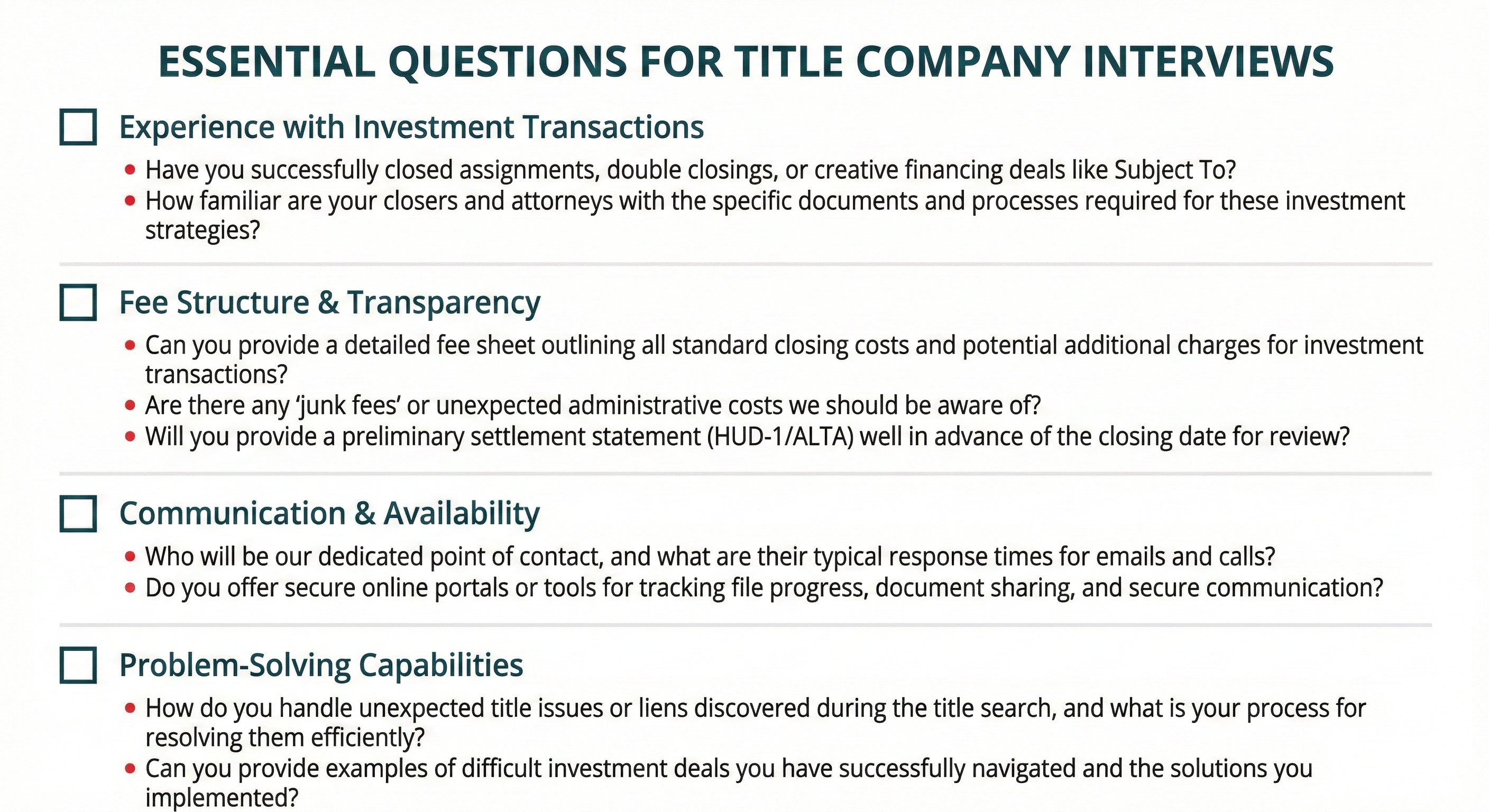 An infographic checklist showing essential questions to ask when interviewing title companies, organized by category.