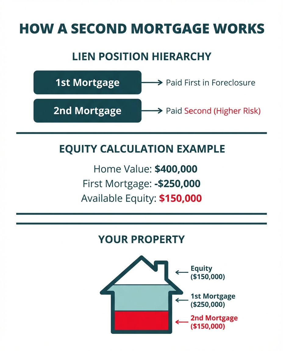 nfographic diagram showing how second mortgages work, including lien position hierarchy, equity calculation, and the relationship between first and second mortgages.