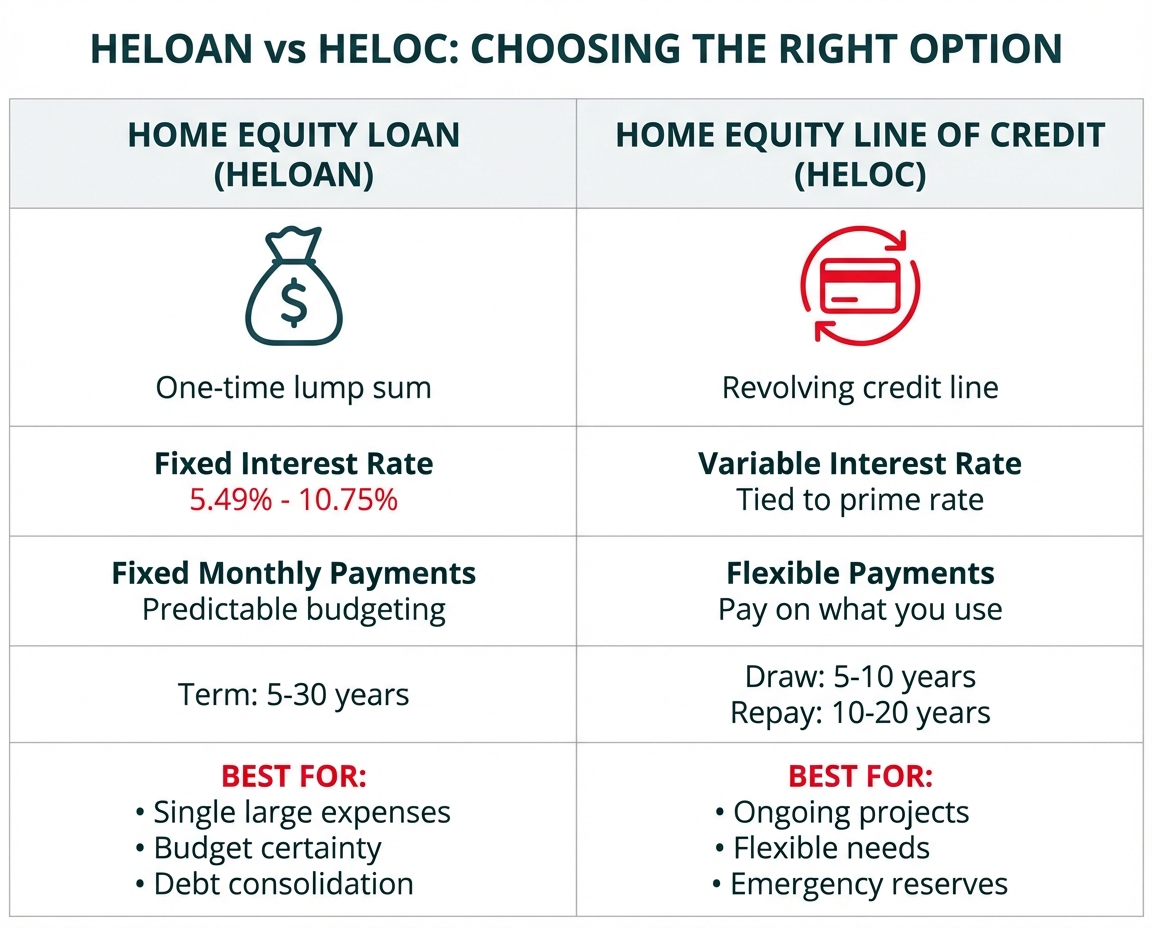 Infographic comparing HELOAN vs HELOC showing the two different second mortgage options side by side with their key characteristics.