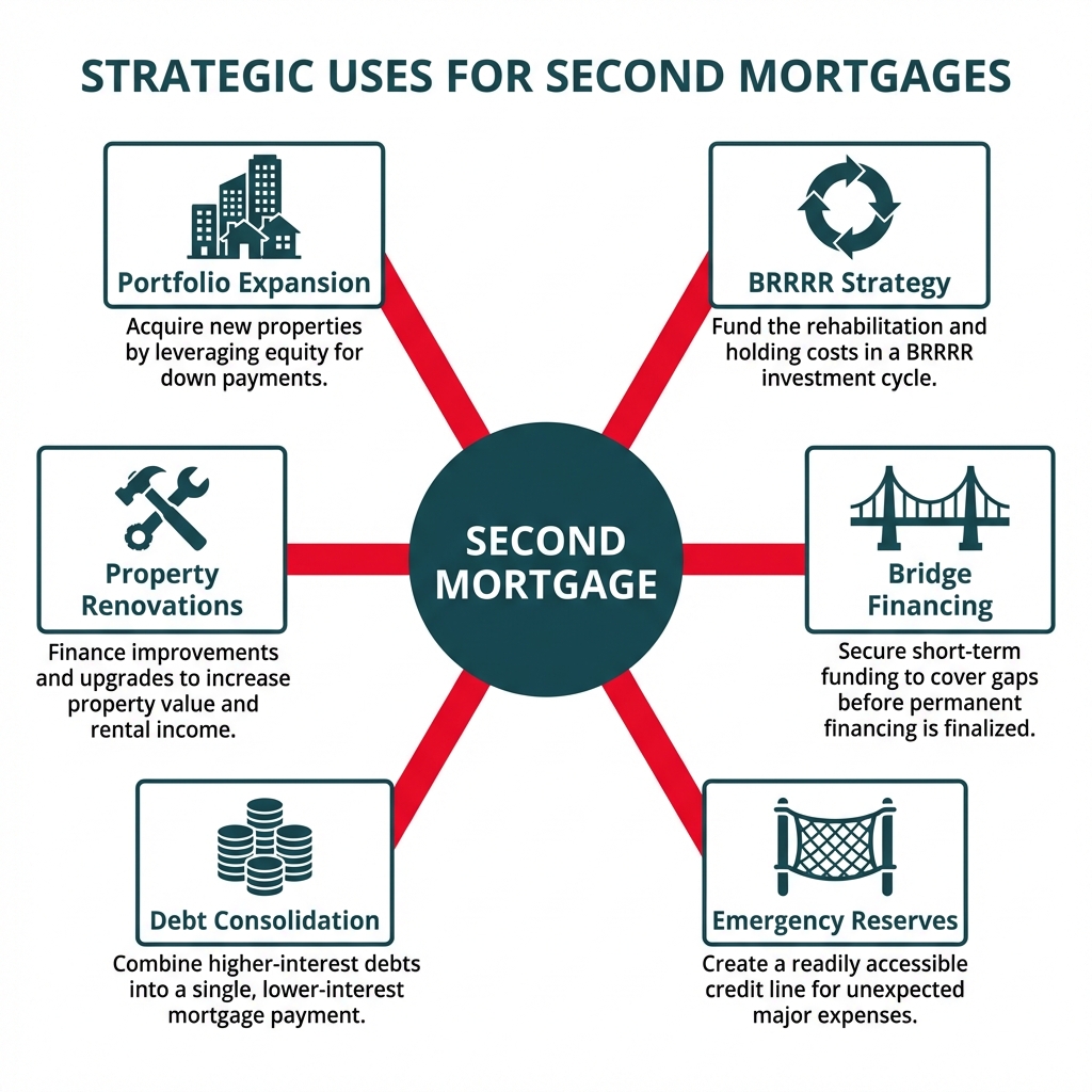 Infographic showing the top strategic uses for second mortgages specifically for real estate investors and landlords.